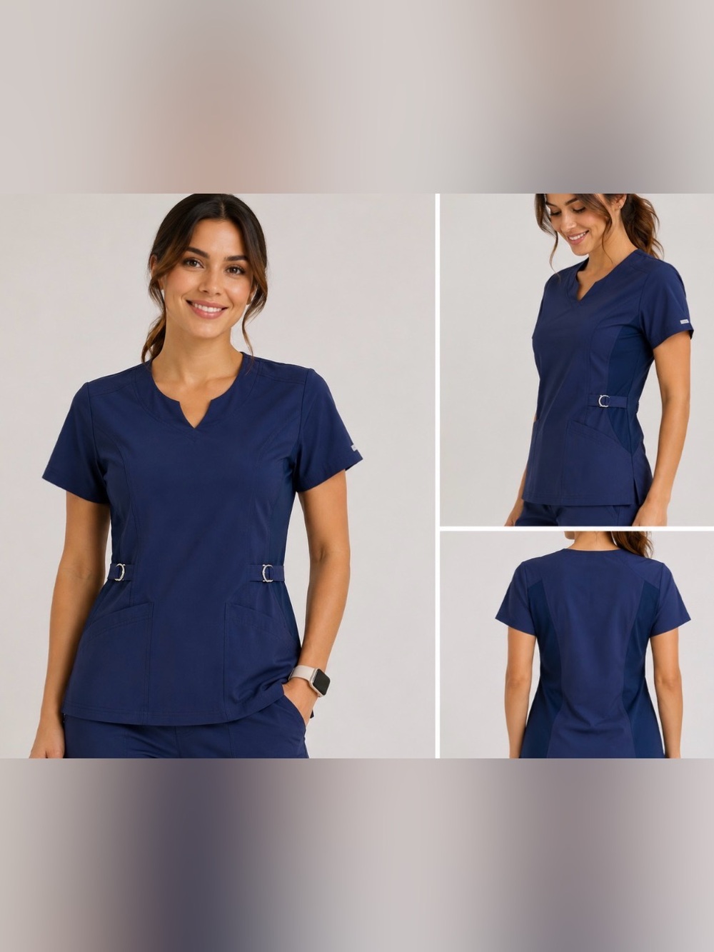 Elle Navy Blue Short Sleeve V-Notch Scrub Top with Side Buckles